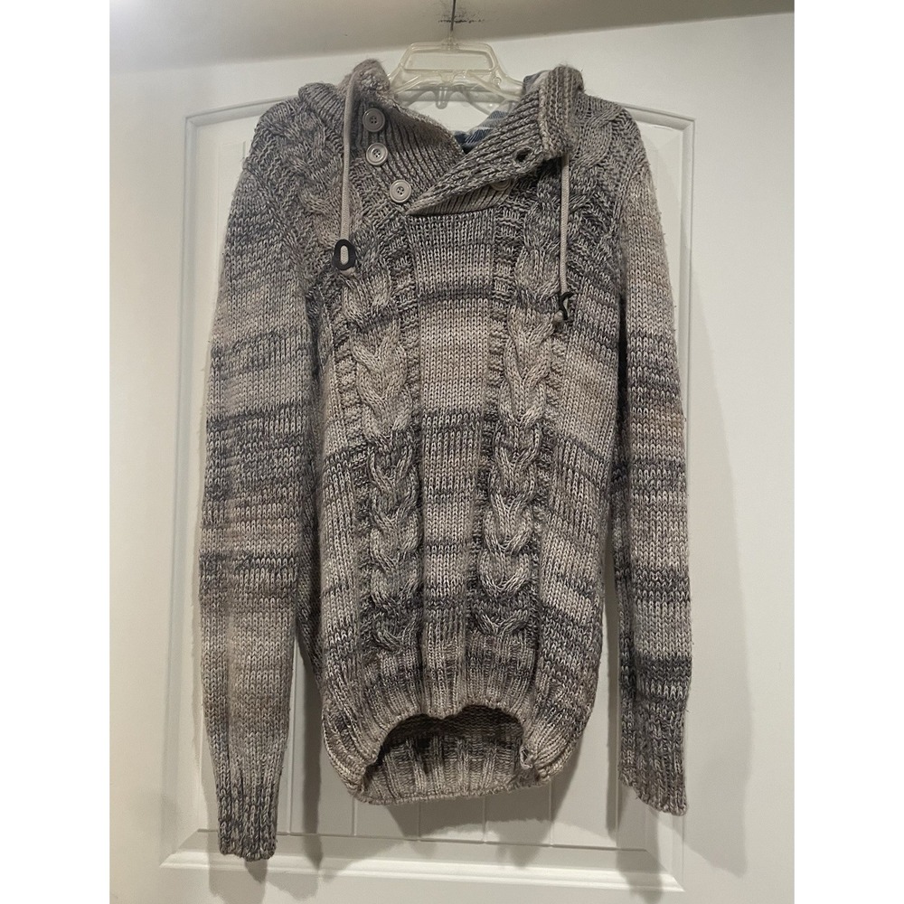 Leif Nelson Sweater Mens Size M Gray Hooded Cable Knit Button Funnel Neck